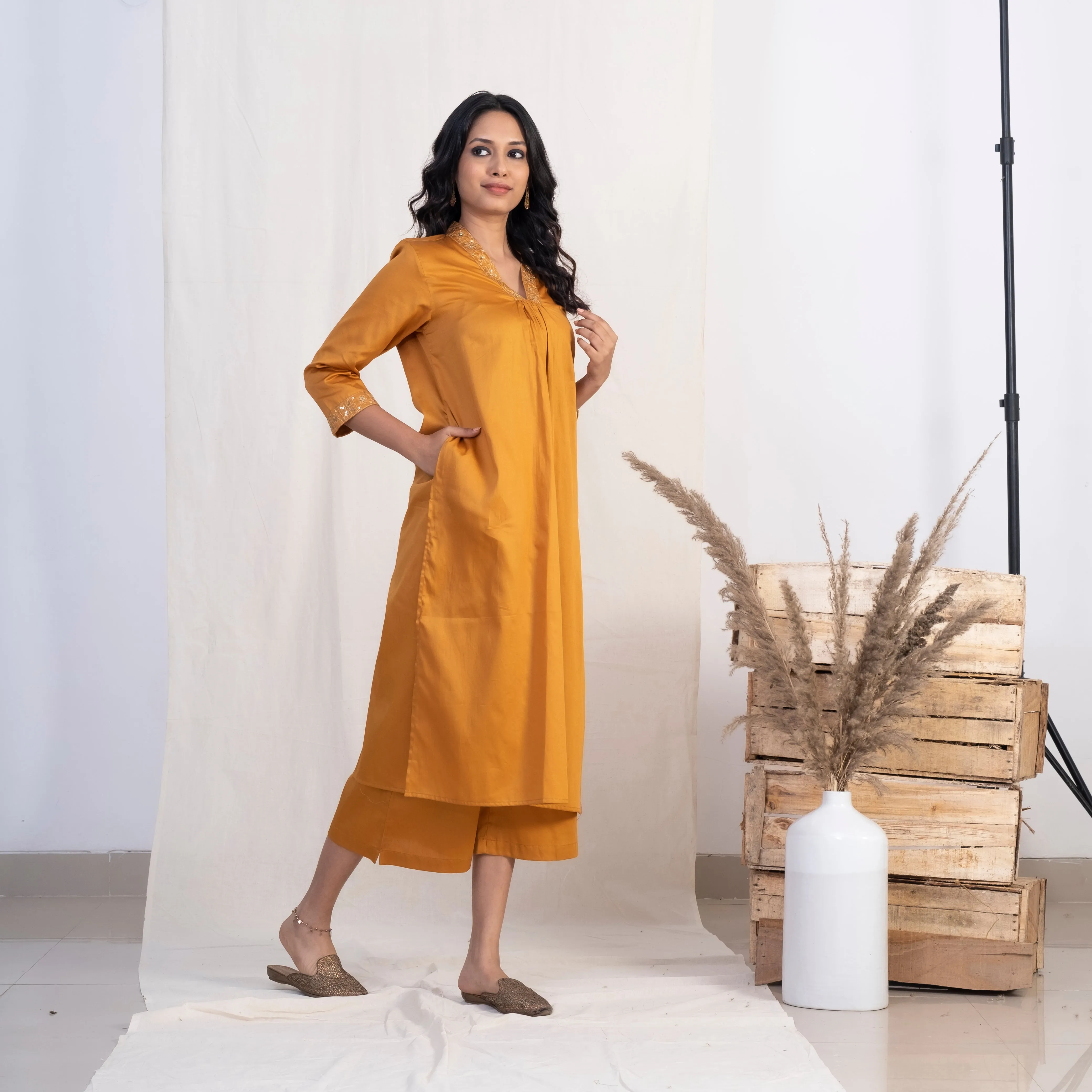 Akiso Gold V Neck Multiple Pleats Kurta With Palazzo (Set of 2)