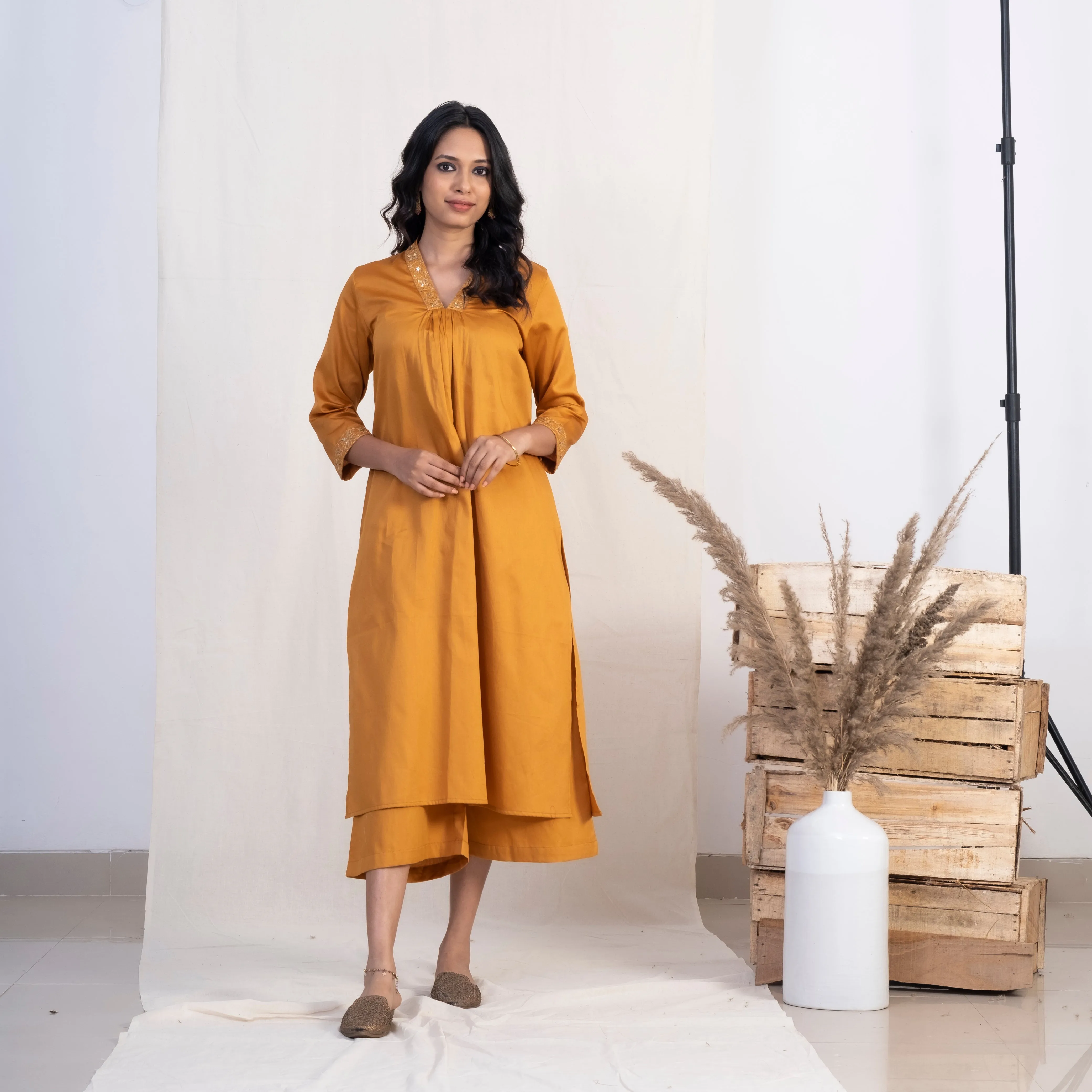 Akiso Gold V Neck Multiple Pleats Kurta With Palazzo (Set of 2)