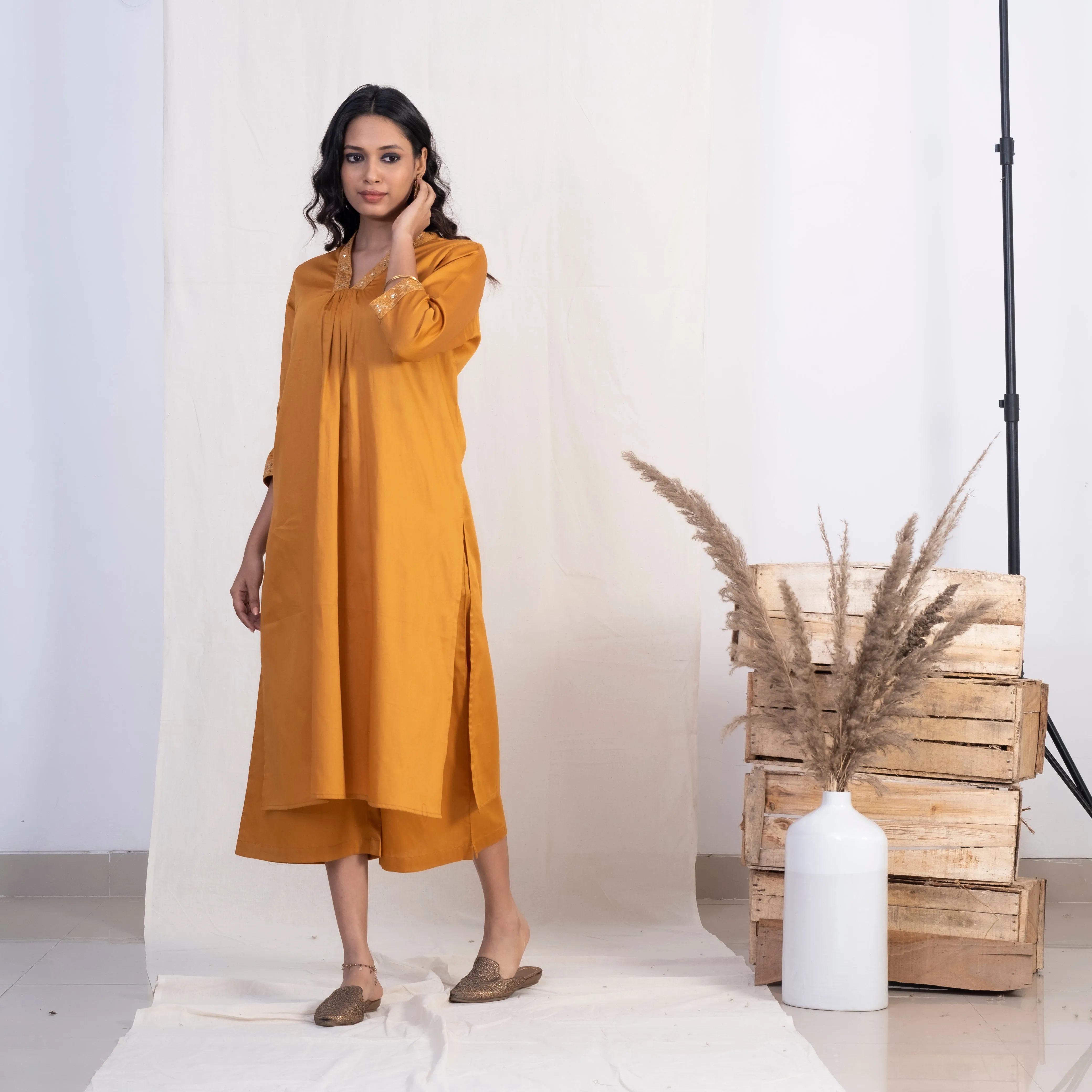 Akiso Gold V Neck Multiple Pleats Kurta With Palazzo (Set of 2)