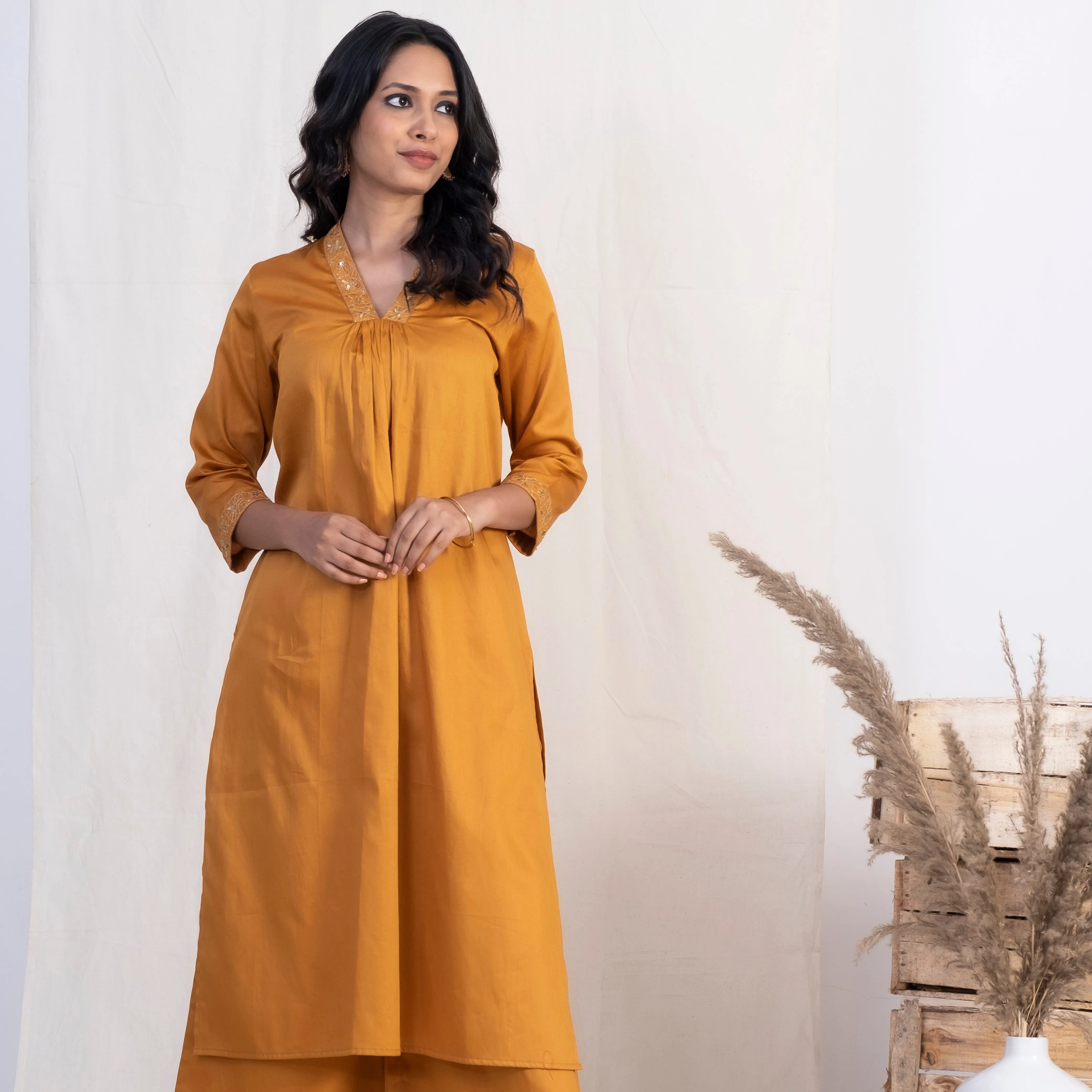 Akiso Gold V Neck Multiple Pleats Kurta With Palazzo (Set of 2)