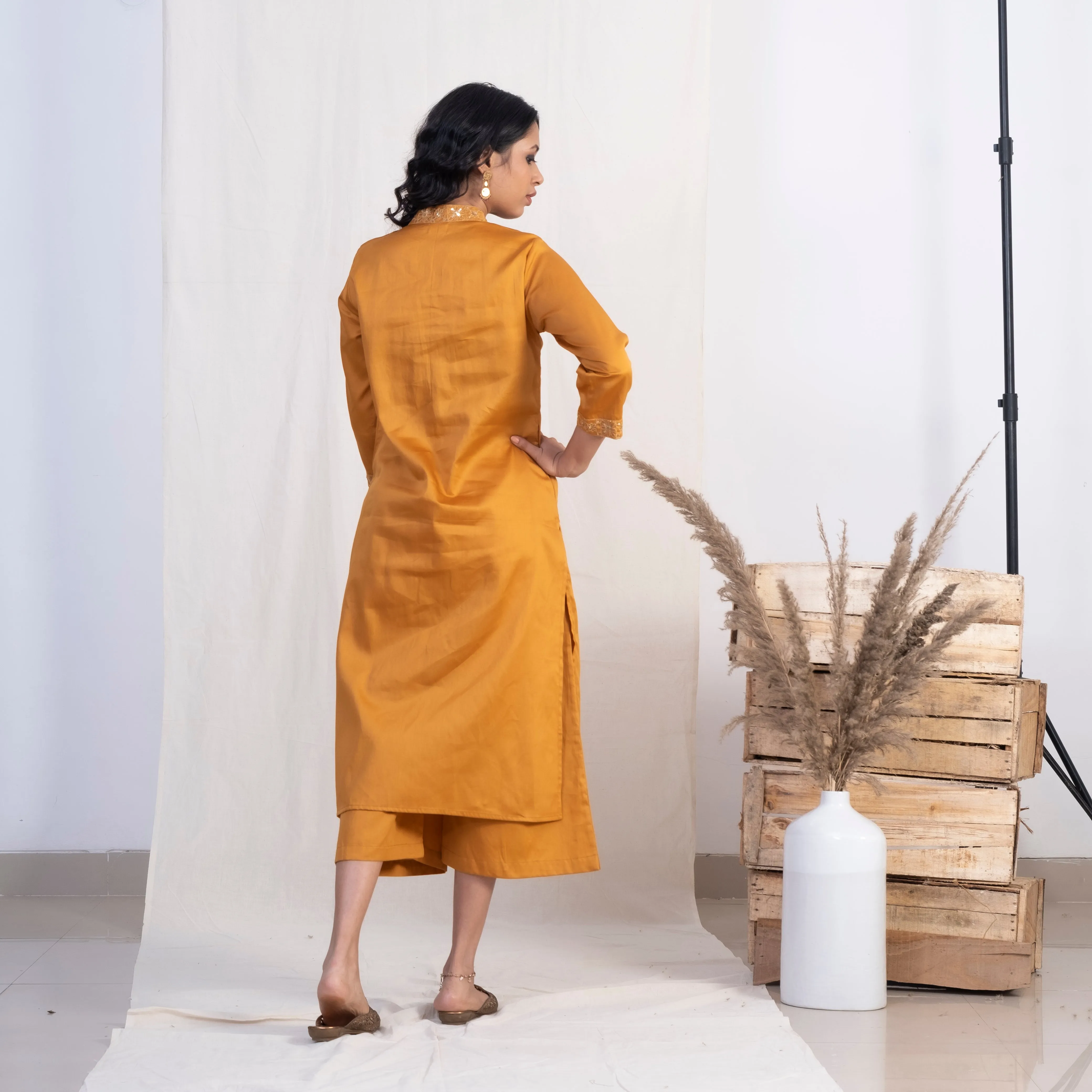 Akiso Gold V Neck Multiple Pleats Kurta With Palazzo (Set of 2)