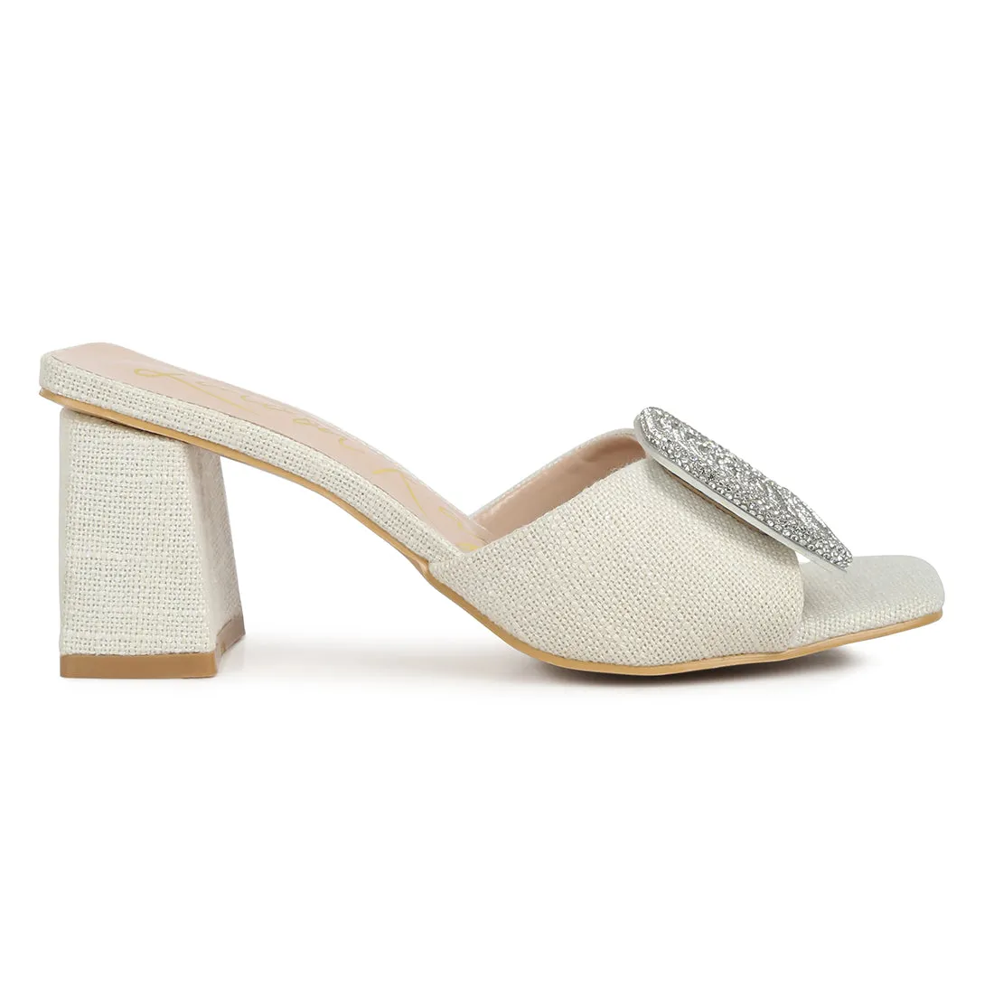 Beige Rhinestones Embellished Slip On Sandals
