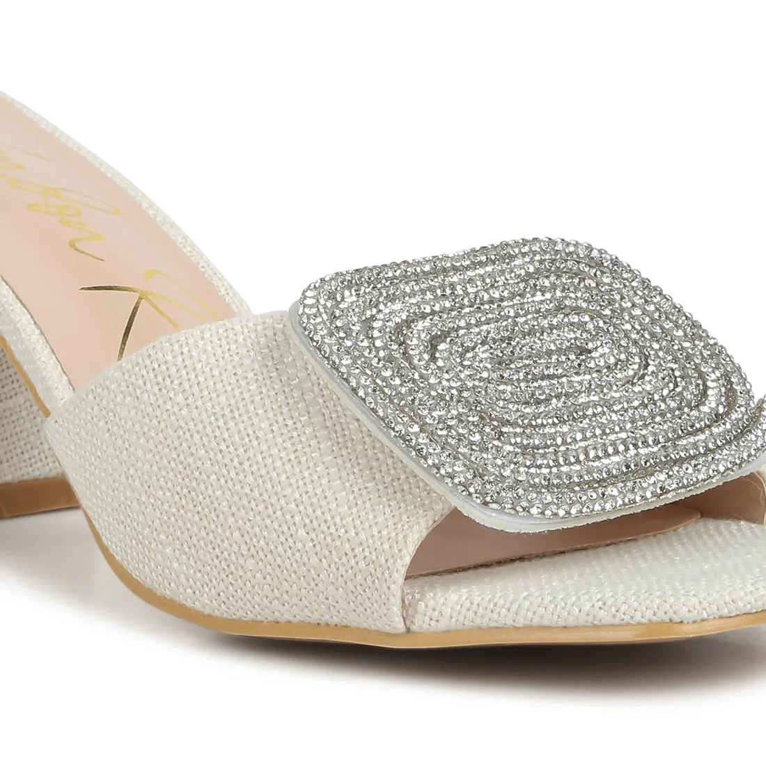 Beige Rhinestones Embellished Slip On Sandals