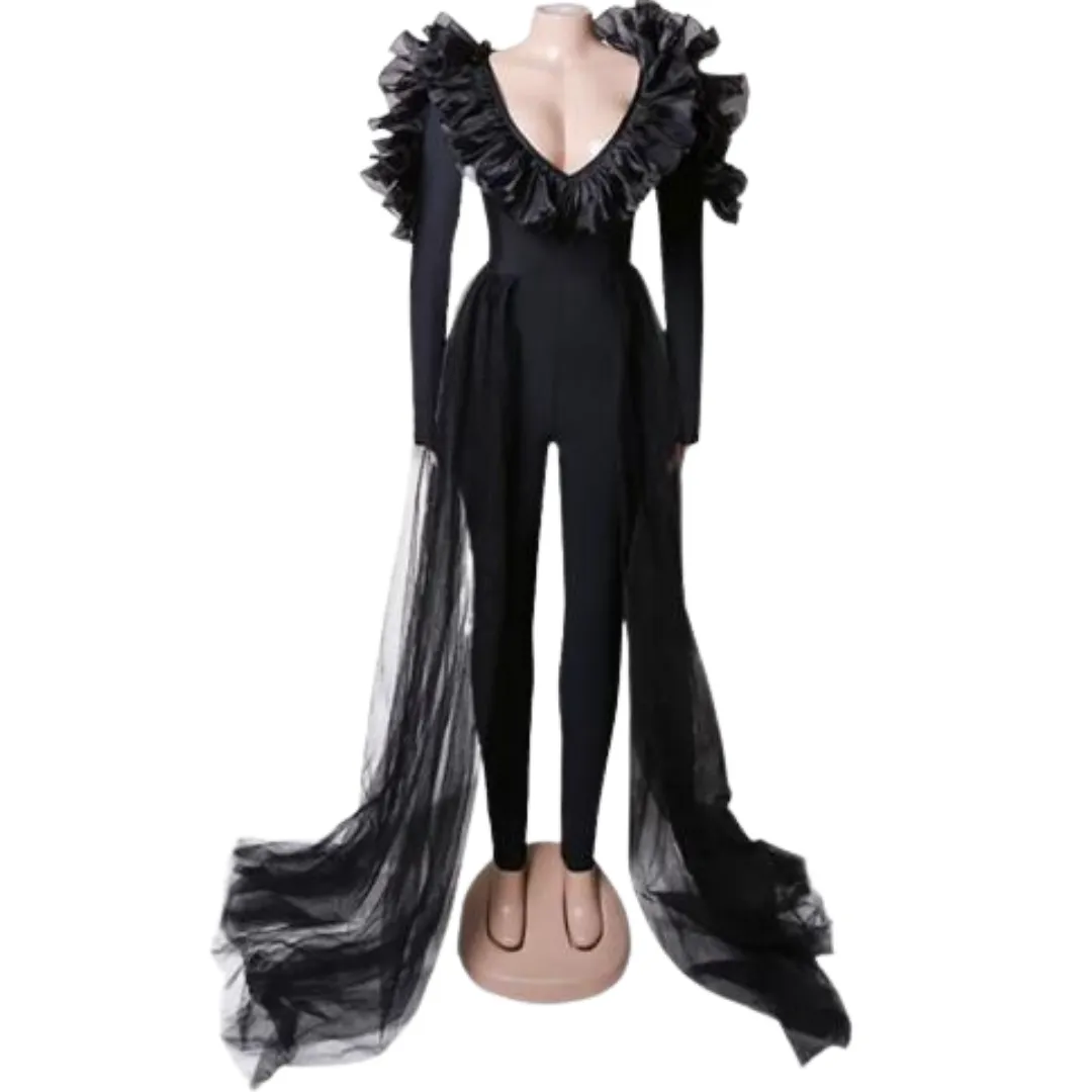 Black Bandage V Neck Long Sleeve Jumpsuit