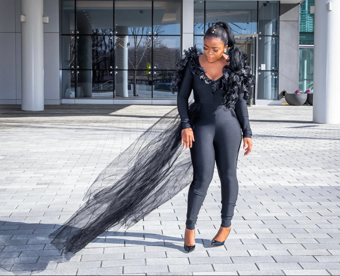Black Bandage V Neck Long Sleeve Jumpsuit