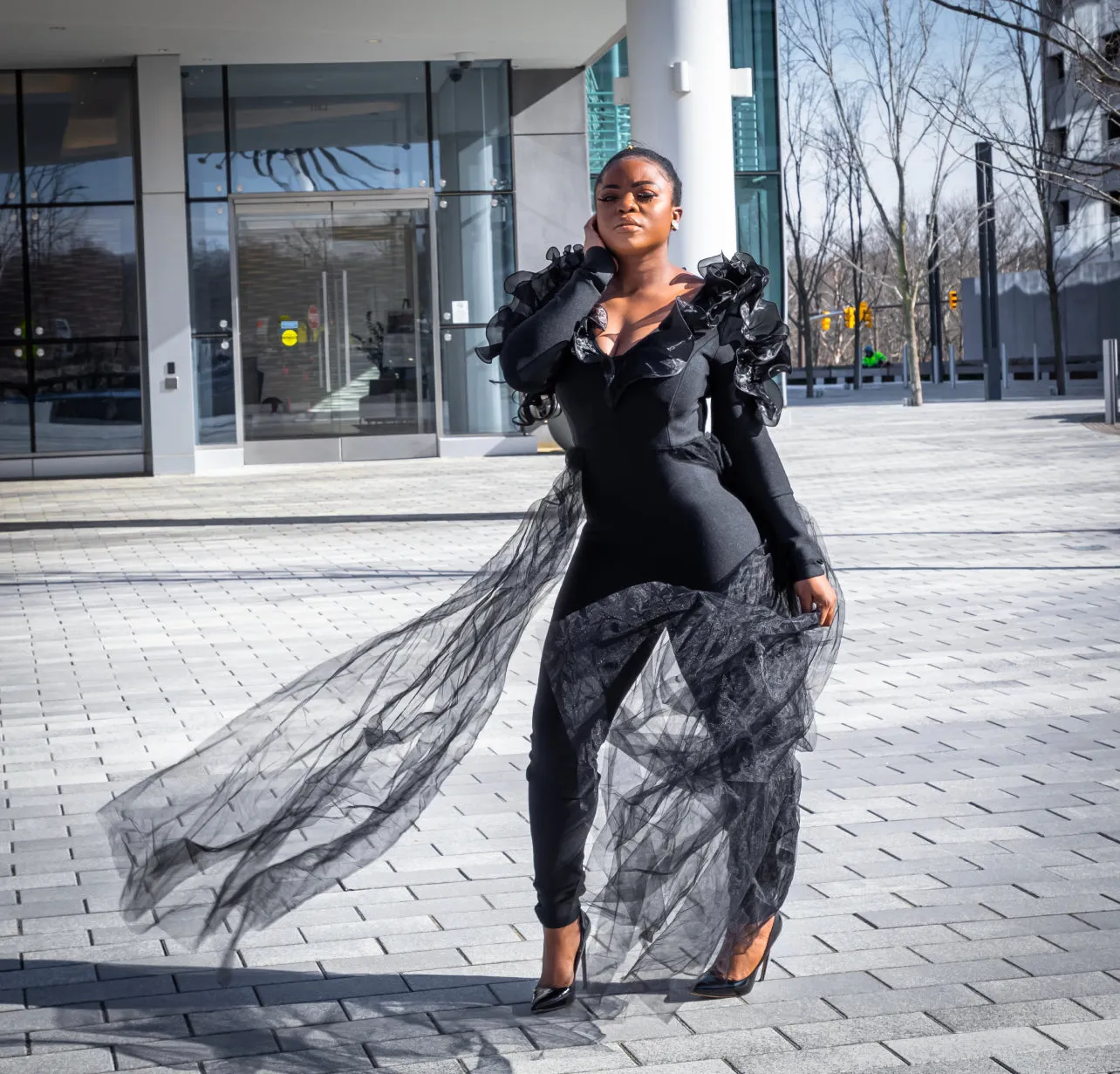 Black Bandage V Neck Long Sleeve Jumpsuit