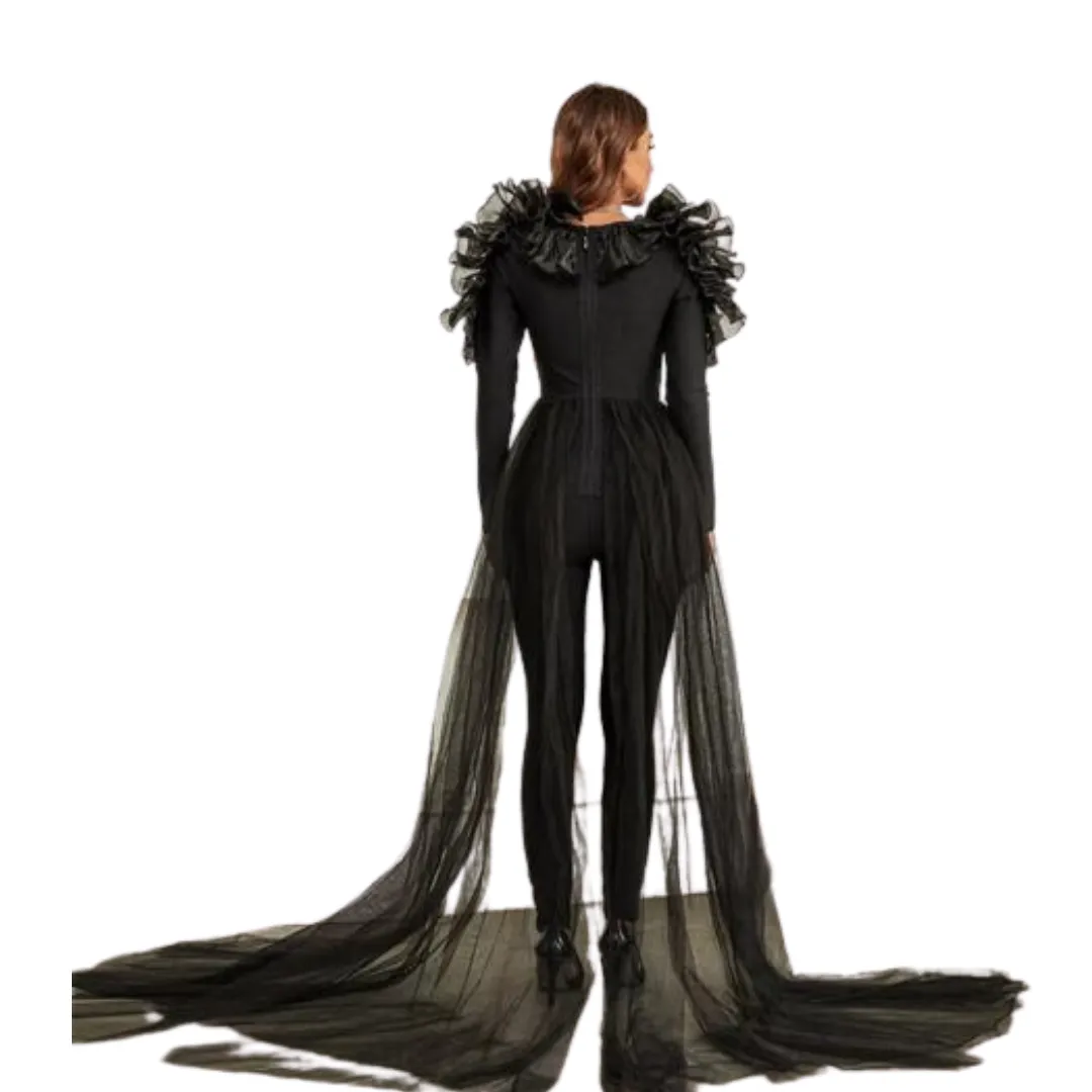 Black Bandage V Neck Long Sleeve Jumpsuit