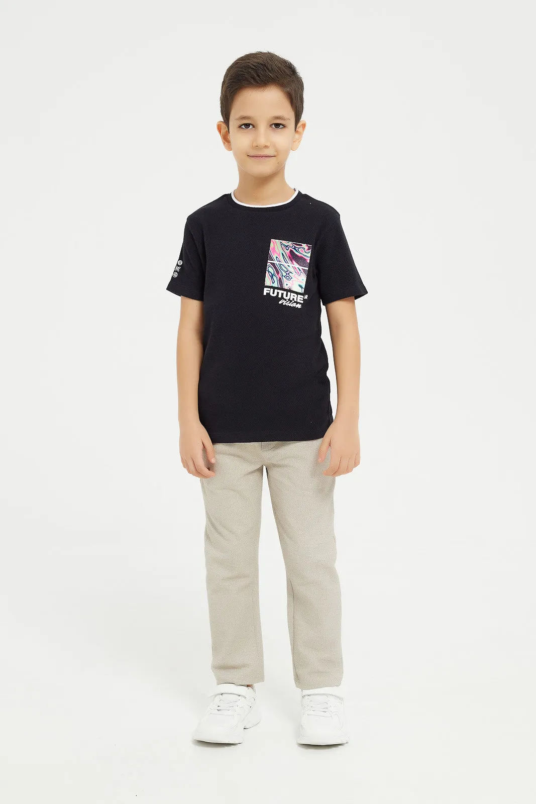 Boys Black Jacquard Applique T-Shirt