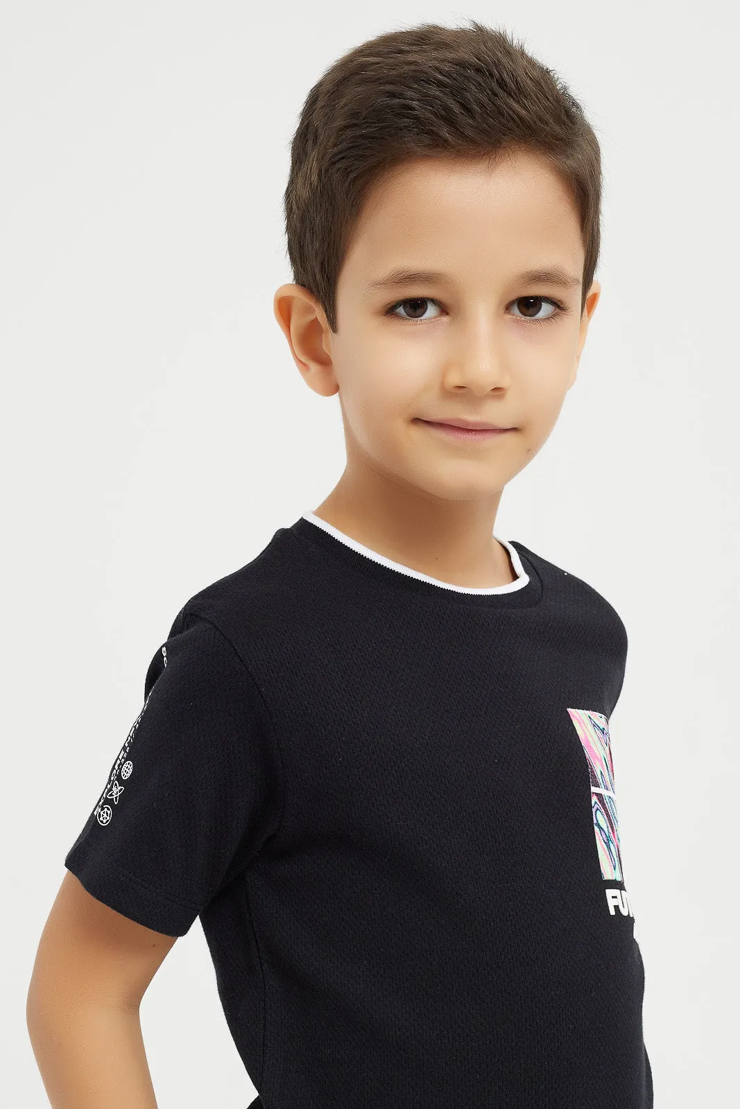 Boys Black Jacquard Applique T-Shirt