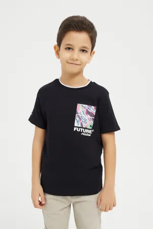 Boys Black Jacquard Applique T-Shirt