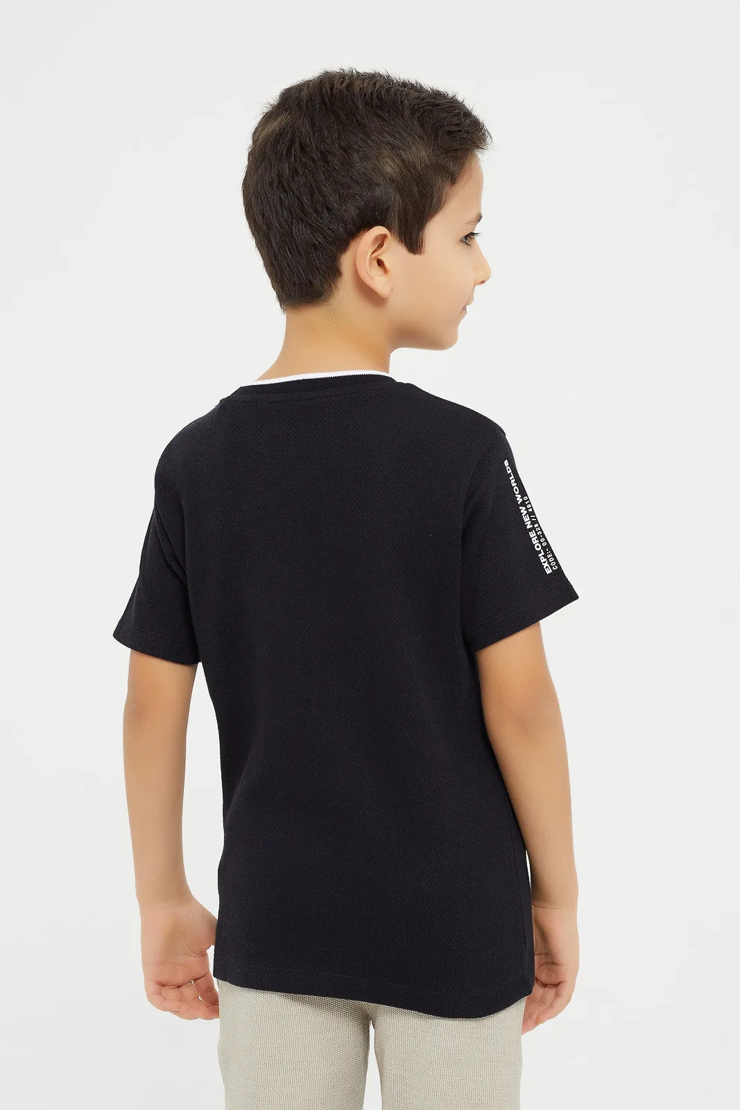 Boys Black Jacquard Applique T-Shirt