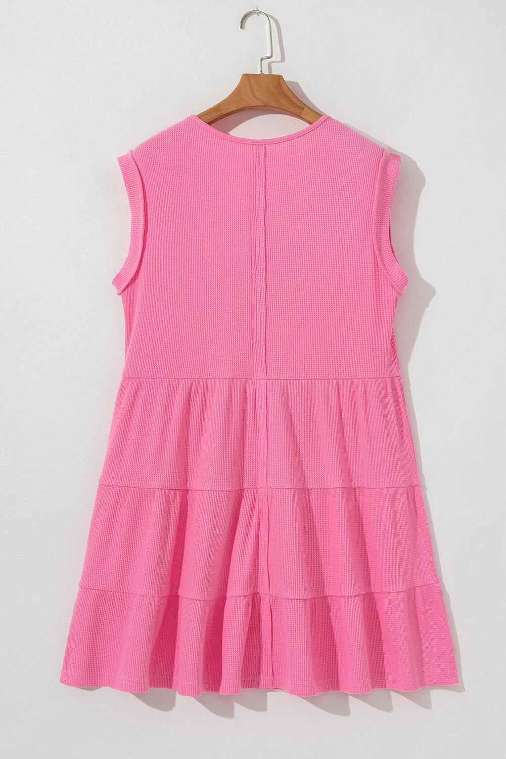 Bright Pink Waffle Textured Button Round Neck A-line Tiered Sleeveless Dress