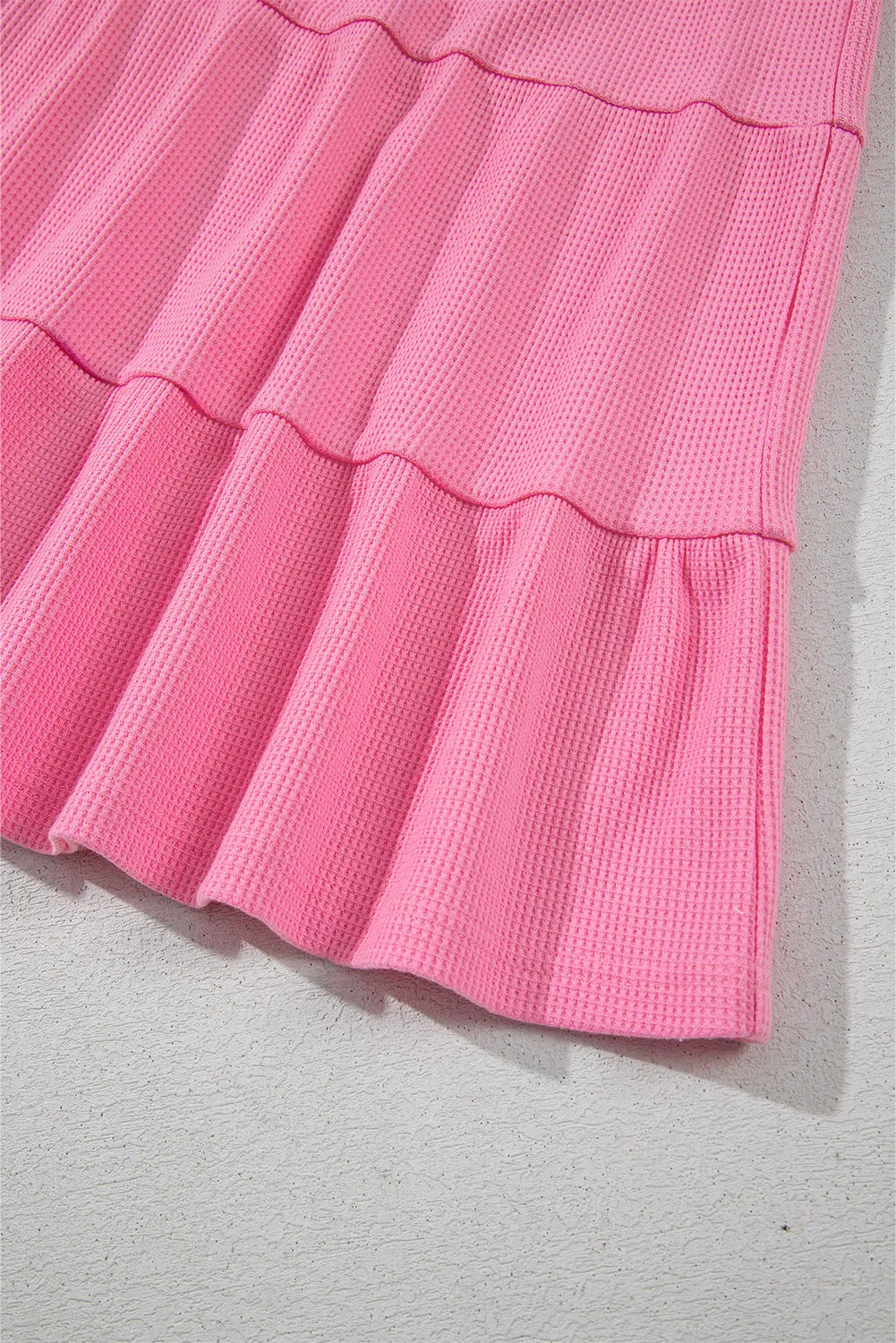 Bright Pink Waffle Textured Button Round Neck A-line Tiered Sleeveless Dress