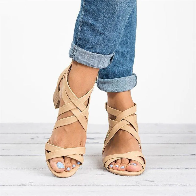 Criss cross sandals block heel peep toe sandals