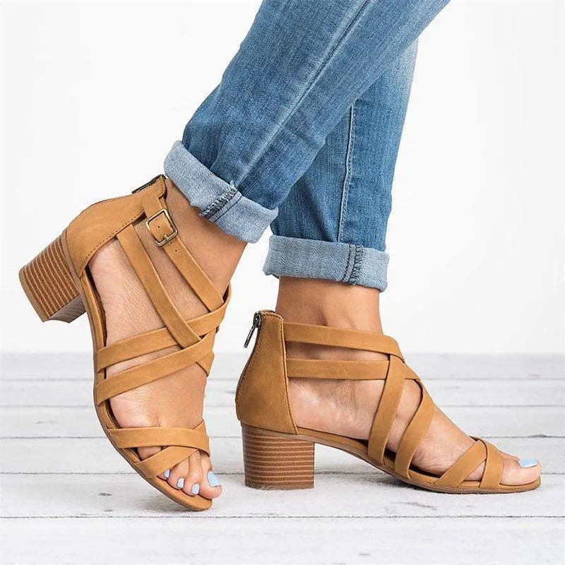 Criss cross sandals block heel peep toe sandals