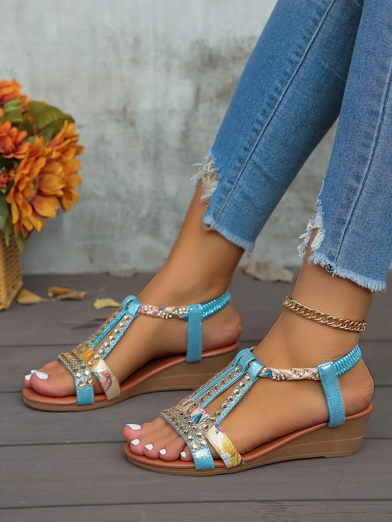 elveswallet Rhinestone Decor Elastic Strap Soft Sole Platform Non-slip Wedge Sandals