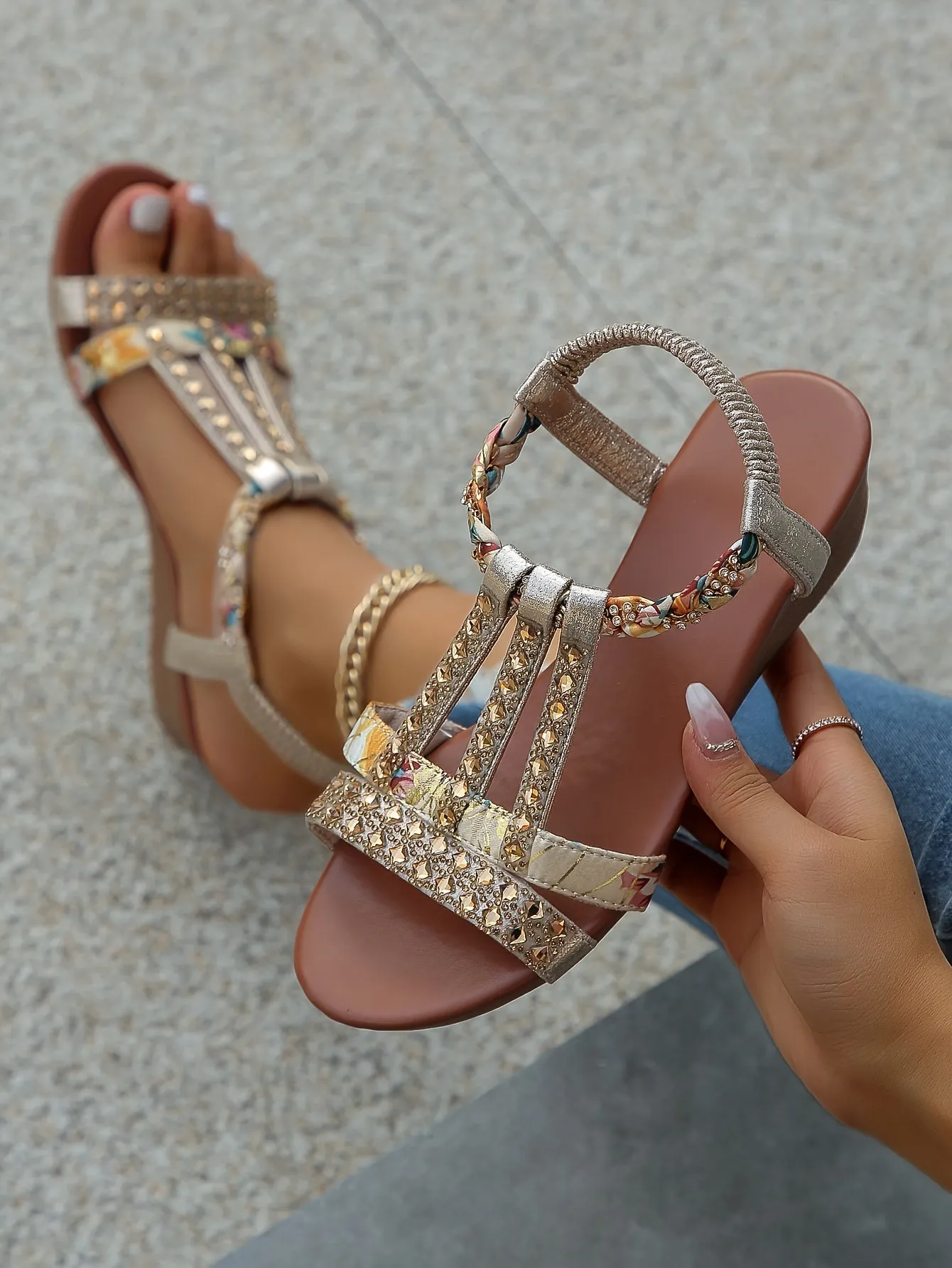 elveswallet Rhinestone Decor Elastic Strap Soft Sole Platform Non-slip Wedge Sandals