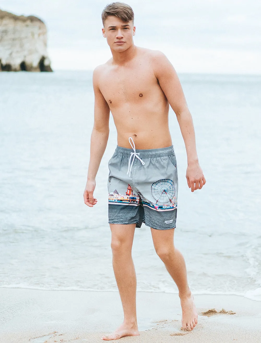 Fairground2 Printed Swim Shorts in Grey with Free Matching Flip Flops - Tokyo Laundry