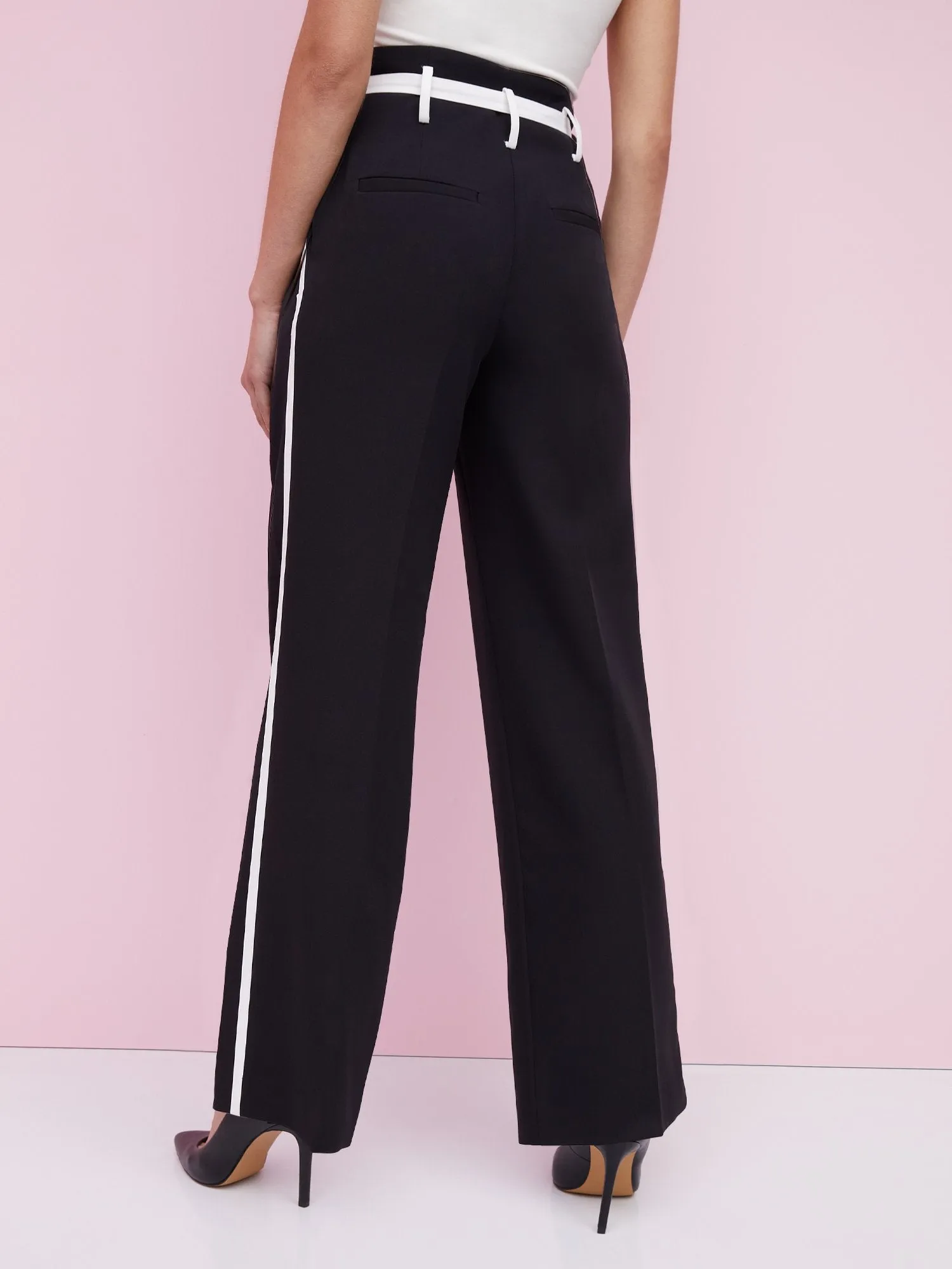 High-Rise Tie-Waist Piped-Side Wide-Leg Pant