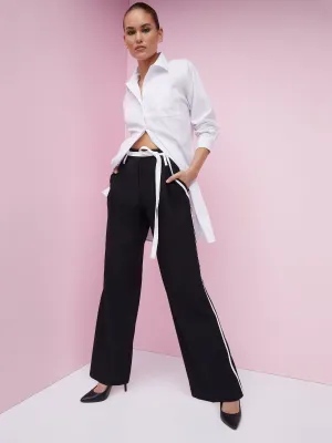 High-Rise Tie-Waist Piped-Side Wide-Leg Pant