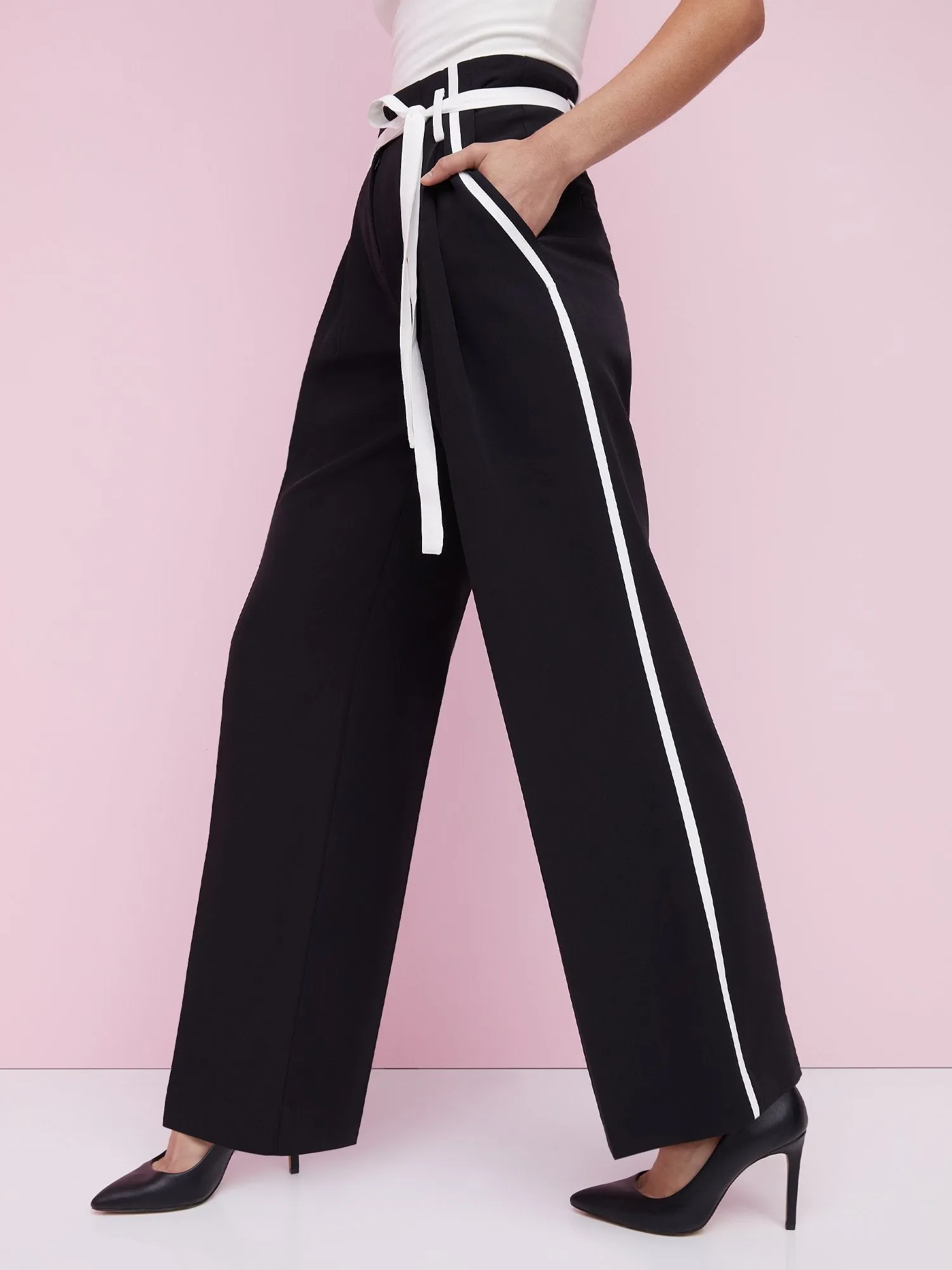 High-Rise Tie-Waist Piped-Side Wide-Leg Pant