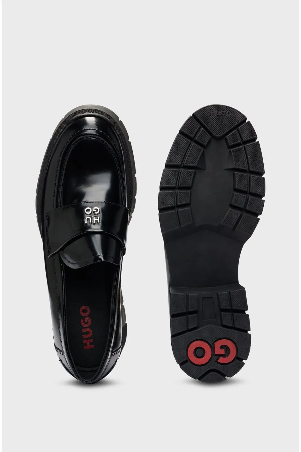 Hugo Boss Kris Stacked-Logo Loafers in Leather with Chunky Sole Μαύρα 50523226