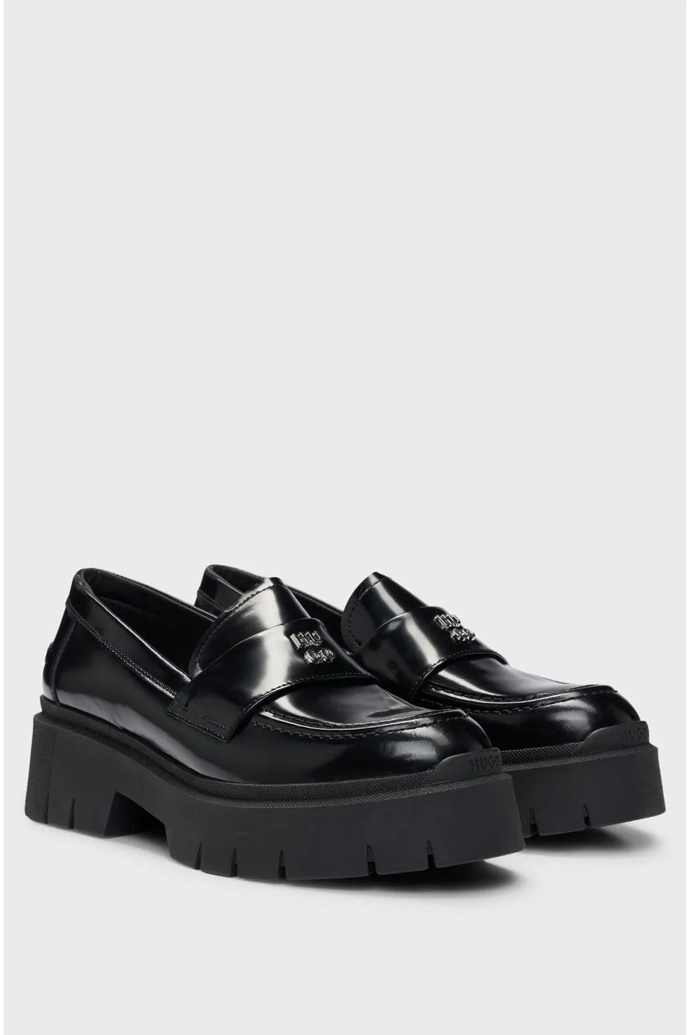 Hugo Boss Kris Stacked-Logo Loafers in Leather with Chunky Sole Μαύρα 50523226
