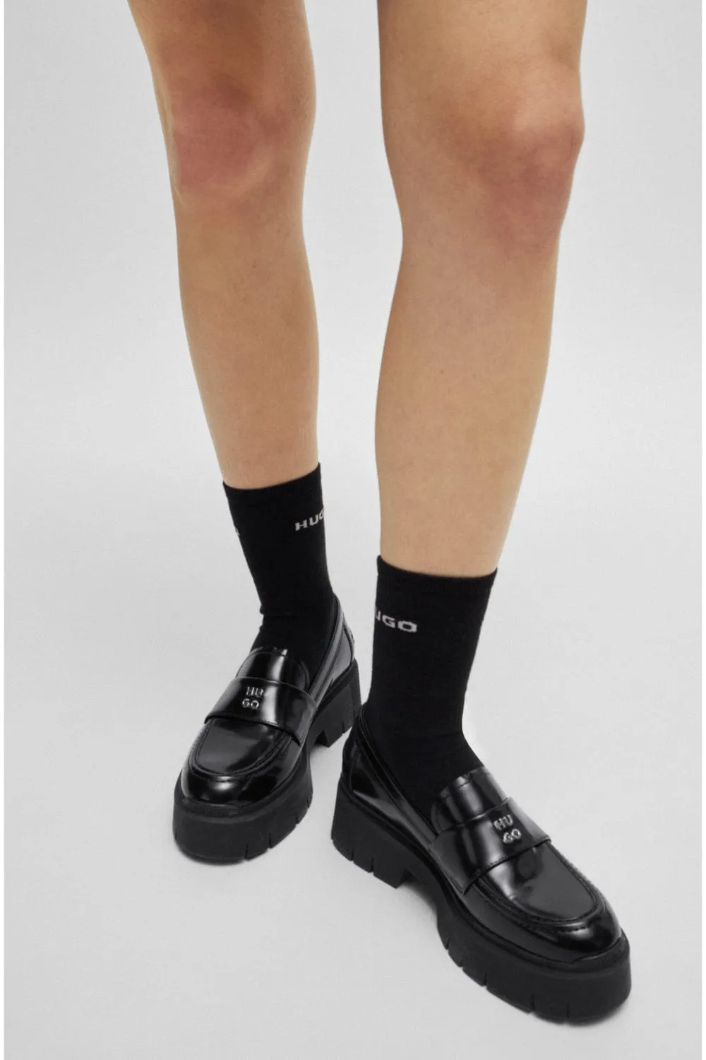 Hugo Boss Kris Stacked-Logo Loafers in Leather with Chunky Sole Μαύρα 50523226