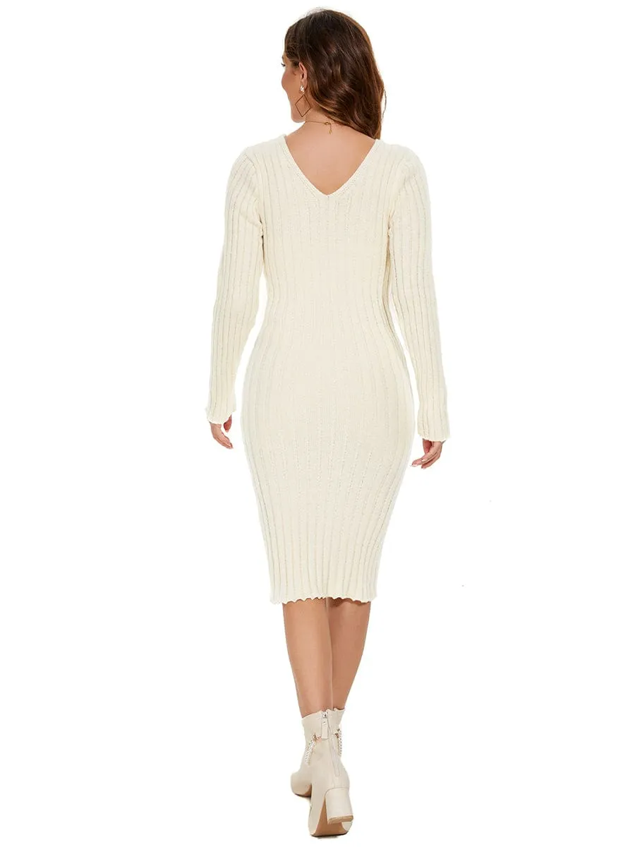Knitted Long Sleeve V-Neck Bodycon Jumper Dress