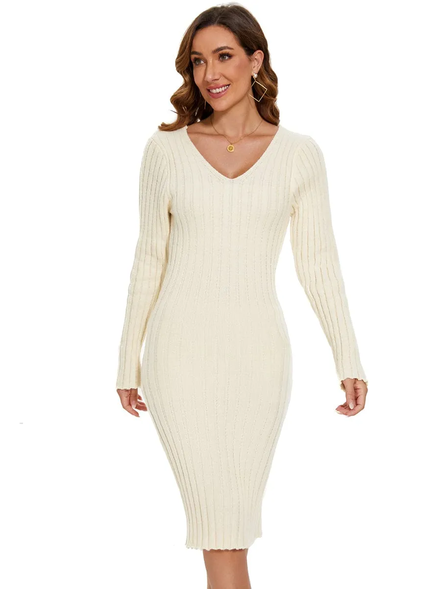 Knitted Long Sleeve V-Neck Bodycon Jumper Dress