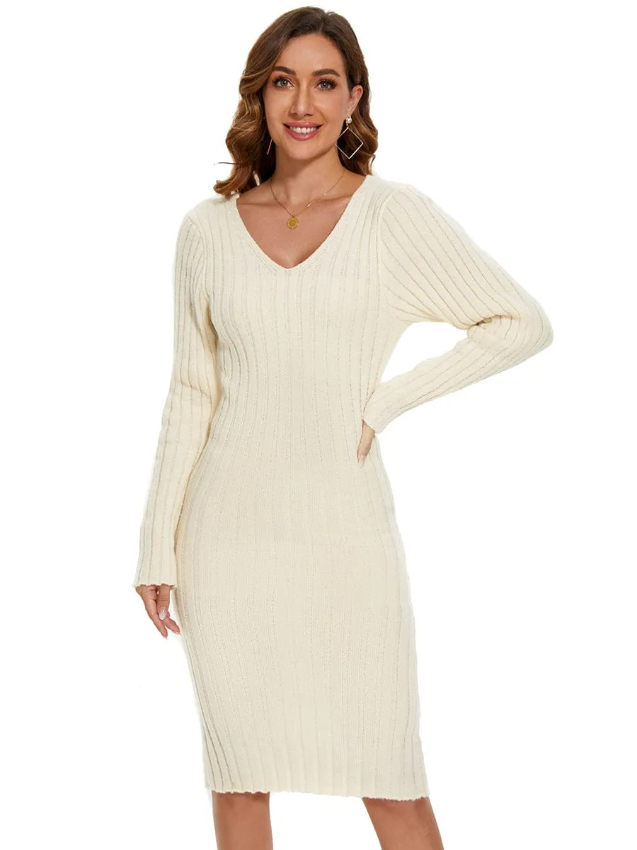Knitted Long Sleeve V-Neck Bodycon Jumper Dress