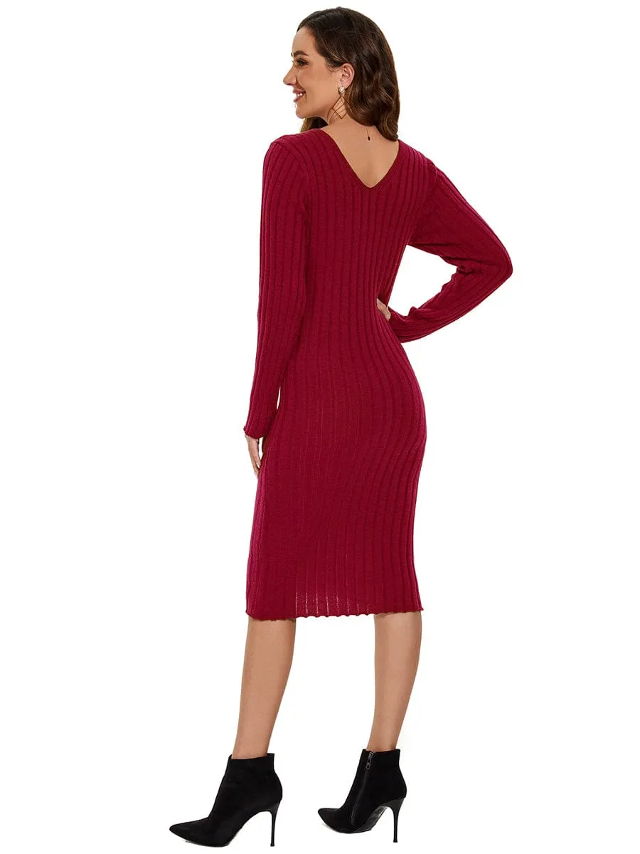 Knitted Long Sleeve V-Neck Bodycon Jumper Dress