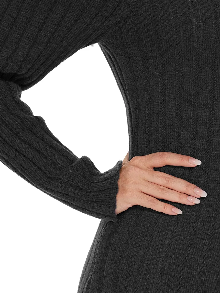 Knitted Long Sleeve V-Neck Bodycon Jumper Dress