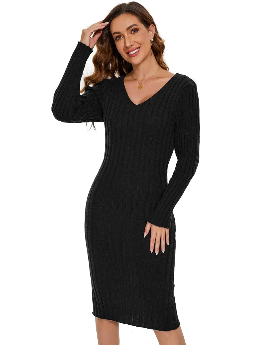 Knitted Long Sleeve V-Neck Bodycon Jumper Dress