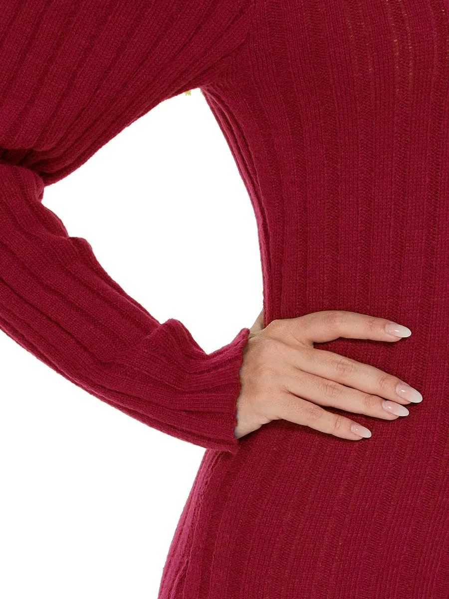 Knitted Long Sleeve V-Neck Bodycon Jumper Dress