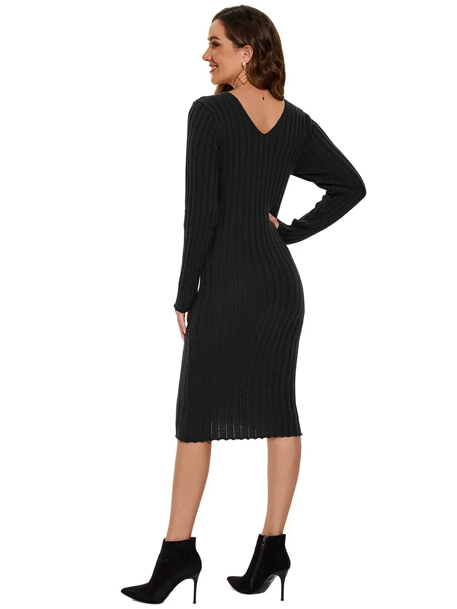 Knitted Long Sleeve V-Neck Bodycon Jumper Dress
