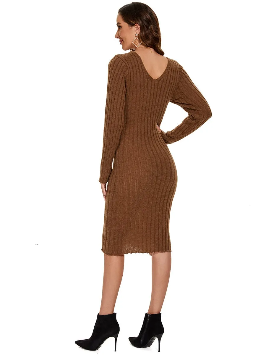 Knitted Long Sleeve V-Neck Bodycon Jumper Dress