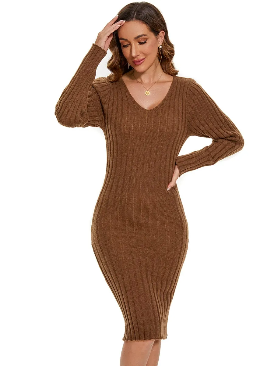 Knitted Long Sleeve V-Neck Bodycon Jumper Dress