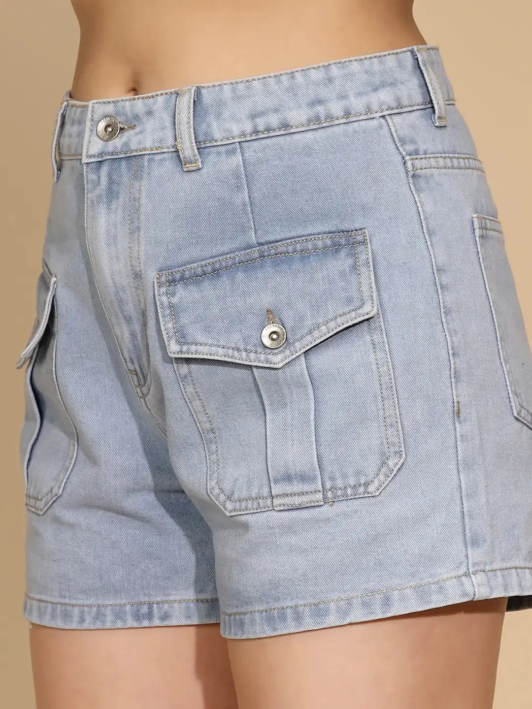 Light Blue Cotton Blend Regular Fit Shorts For Women