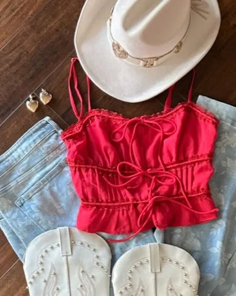 Magenta Tie Front Lace Trim Cami