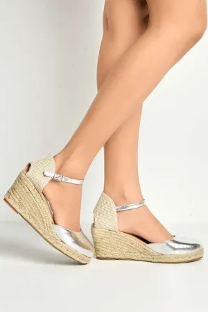 Mira Closed Toe Anklestrap Wedges in Silver