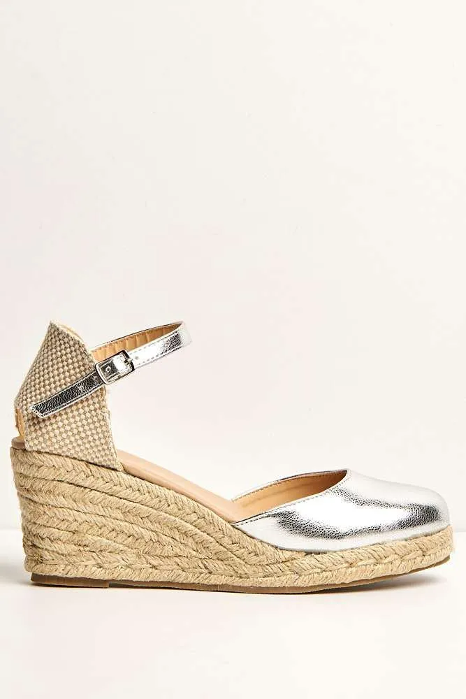 Mira Closed Toe Anklestrap Wedges in Silver