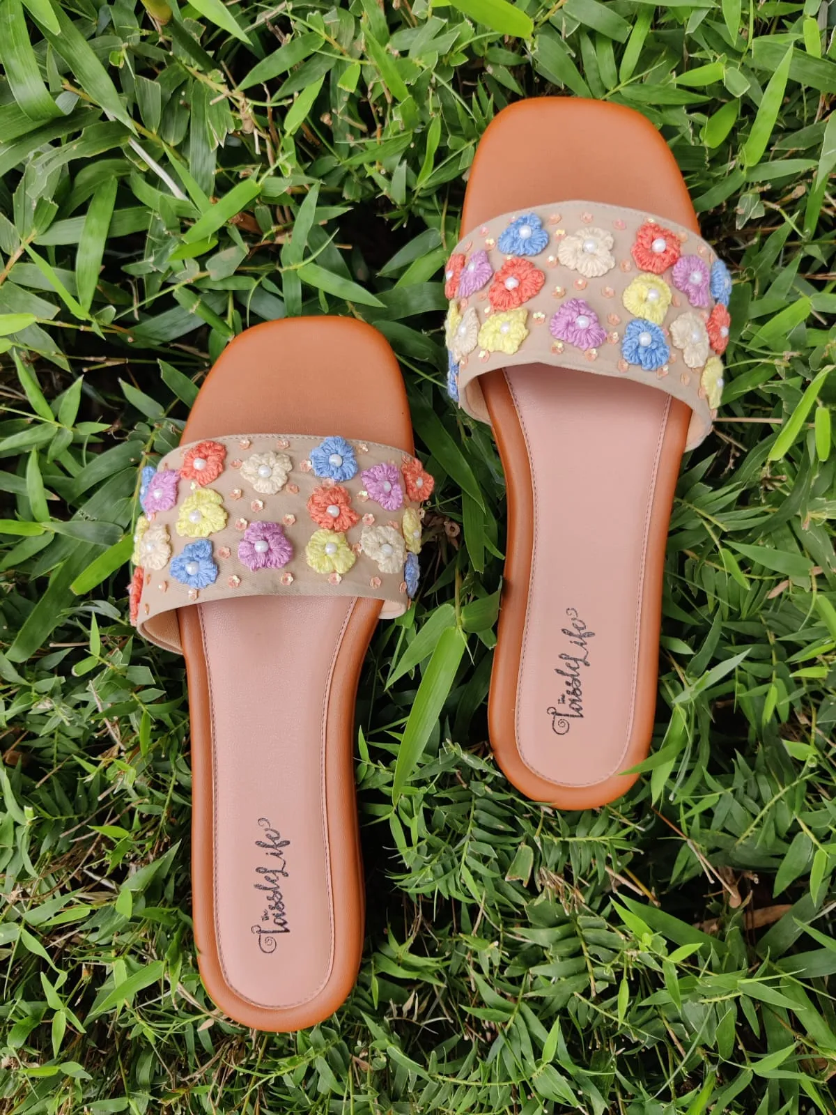 Multi-color 3D floral embroidered Heel Sliders