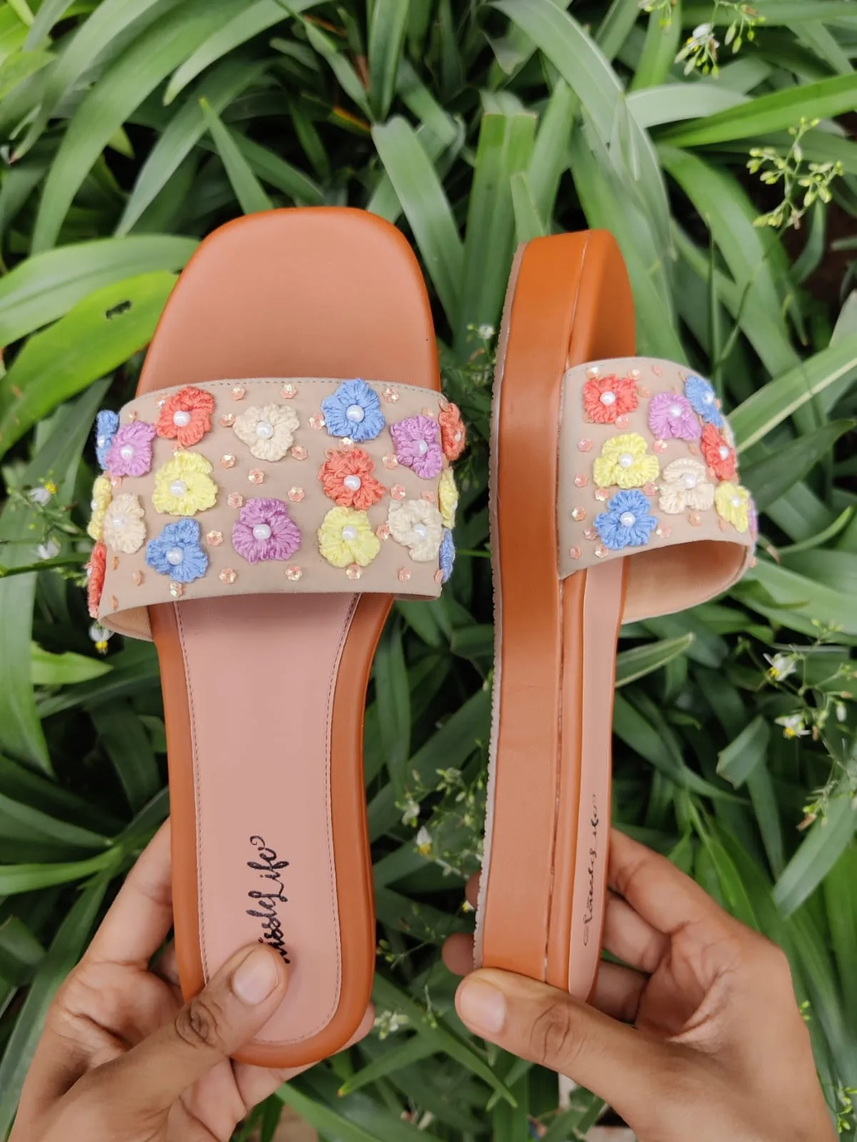 Multi-color 3D floral embroidered Heel Sliders