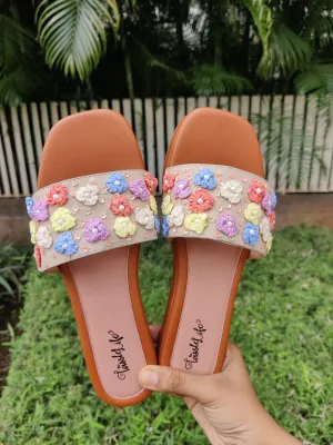 Multi-color 3D floral embroidered Heel Sliders