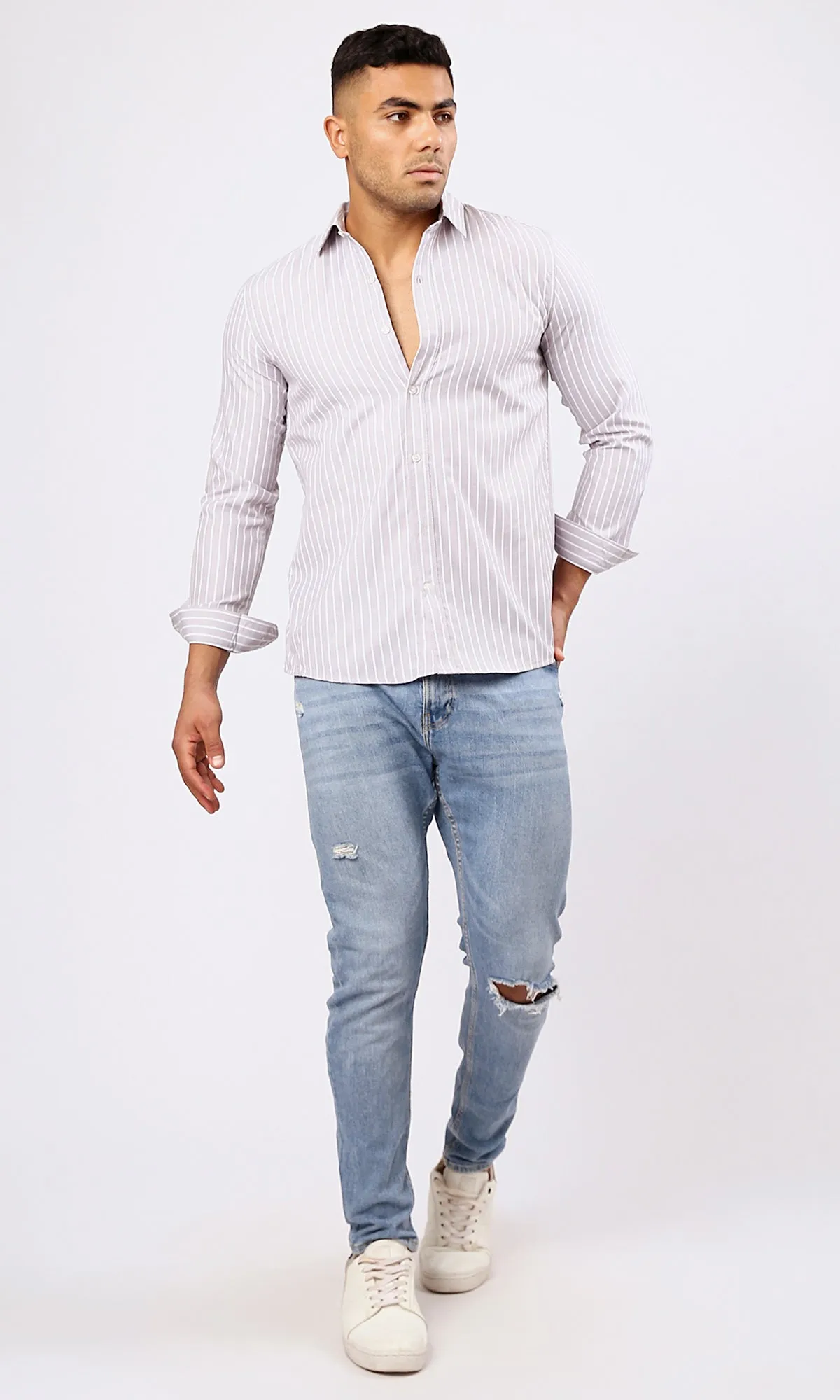 O171270 Light Grey & White Stripes Long Sleeves Shirt