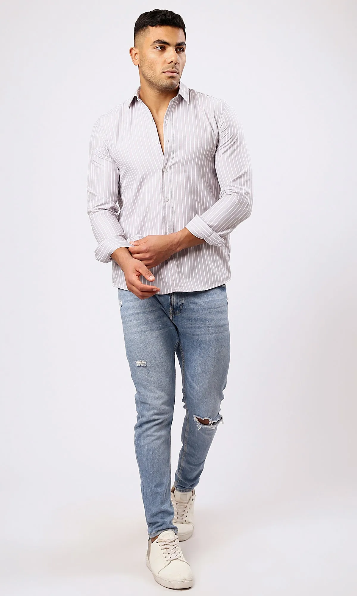 O171270 Light Grey & White Stripes Long Sleeves Shirt