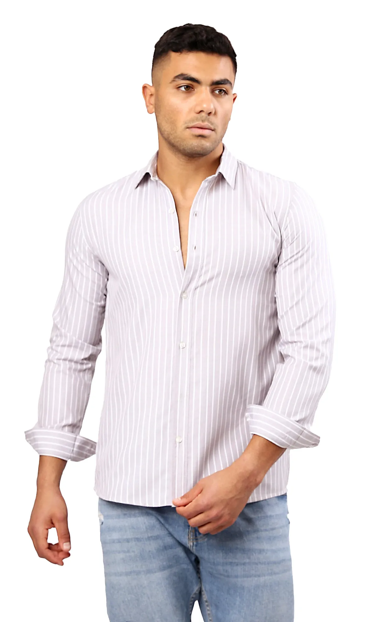 O171270 Light Grey & White Stripes Long Sleeves Shirt