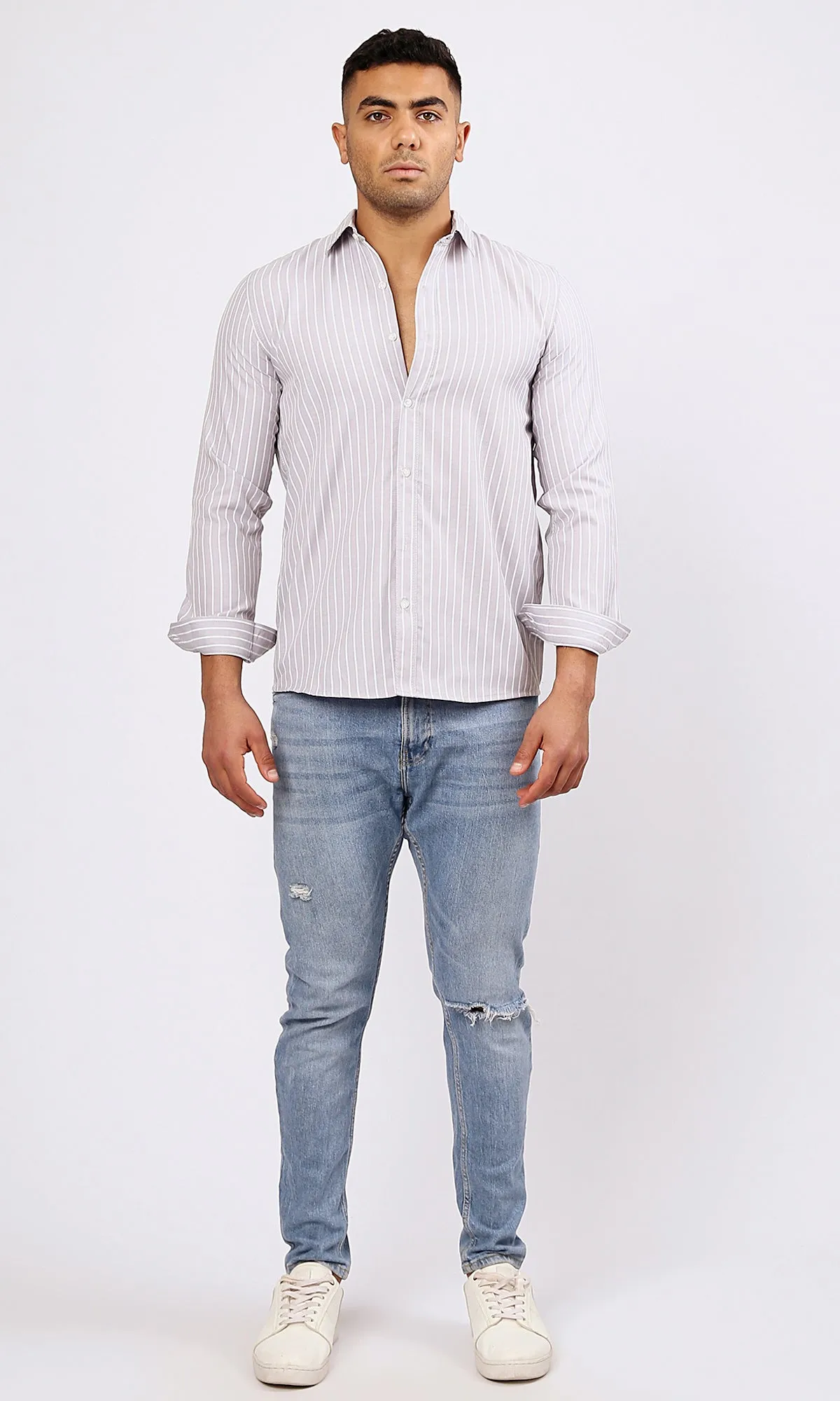 O171270 Light Grey & White Stripes Long Sleeves Shirt