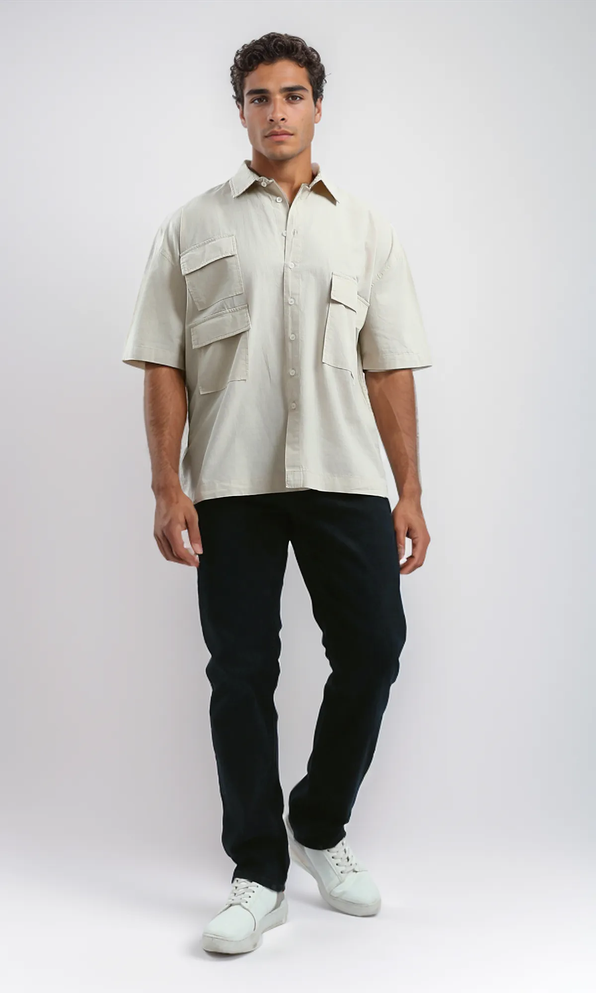 O182201 Beige Solid Casual Elbow-Sleeves Shirt